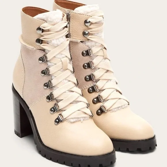 FRYE AND CO Cream Lace Up Boots with Chunky Heel - Picture 3 of 8